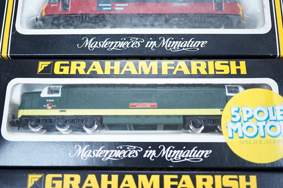 Four boxed Graham Farish N gauge railway electric and diesel locomotives; a BR class 55, Argyle & Sutherland Highlander D9021 (8414), a Freightliner class 57, Freightliner Pioneer 57001 (804A), a Rail Express class 90, P